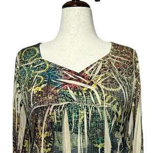 One World Top Womens XL Blue Red‎ Colorful Shark Bite Hem Sequins Boho Tunic